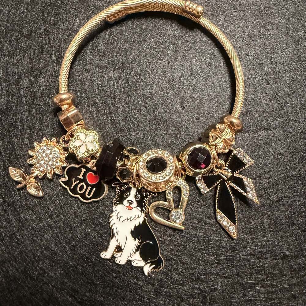 Gold-Tone Bangle Charm Bracelet with Border Collie Waterproof Anti-tarnish